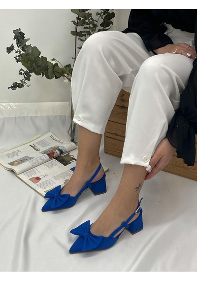 Ervanın Butiği Saks Mavi Saten Fairy Fiyonk Detay Kadın Topuklu Ayakkabı-5364
