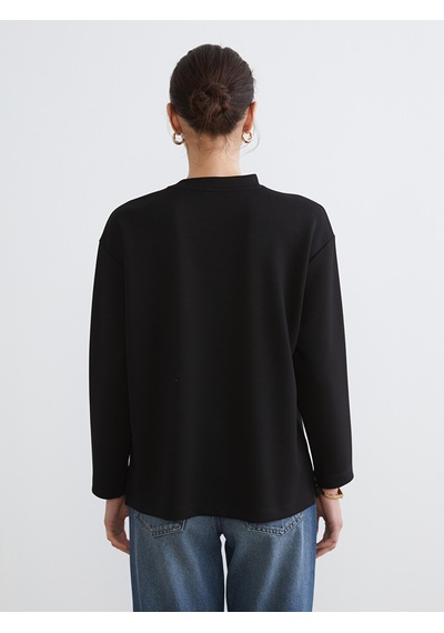 Lcw Comfort Siyah Bisiklet Yaka Nakışlı Kadın Sweatshirt