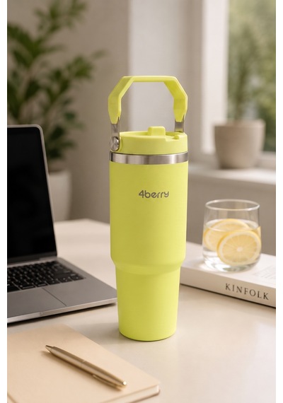 Ss119 900 Ml Çelik Termos Bardak Pipetli Kulplu Taşınabilir Su Matarası Yeşil