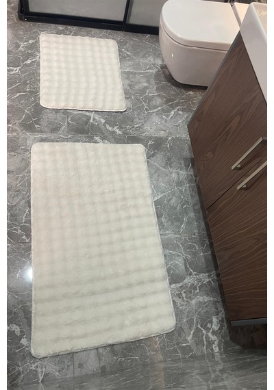 Modern Bubble Yıkanabilir Kaymaz Peluş Banyo Paspası Halısı 2'li Klozet Takımı 60x100 + 50x60 Krem