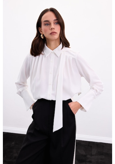 Sateen Fularlı Gömlek - Ekru-136901 ekru