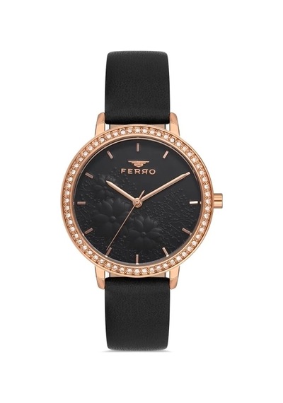 Ferro Siyah Deri Kordon Kadın Kol Saati Fl21242b-r Rose Gold