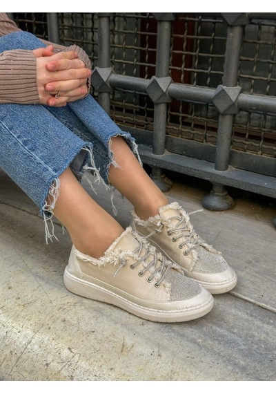 Erva'nın Butiği Bej Keten Jule Taş Bağcıklı Kadın Sneakers-5787