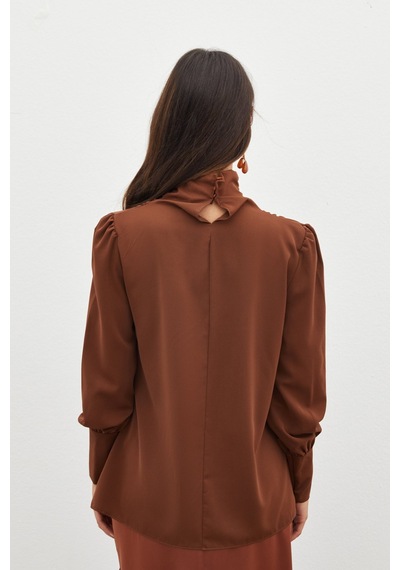 Sateen Drape Detaylı Bluz - Kahve