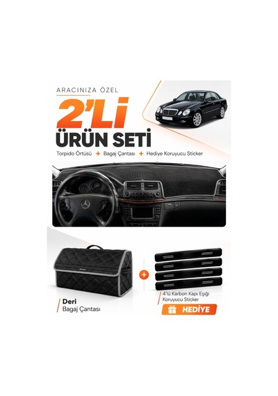 Mercedes W211 E-class 2002-2009 Uyumlu Torpido Örtüsü + Deri Bagaj Çantası + Sticker - Siyah Gri