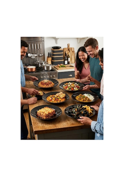 Termogold 6 Lı Siyah Melamin Derin Makarna Spagetti Tabağı - 25cm Şef Tabağı Kırılmaya Dayanıklı Siyah