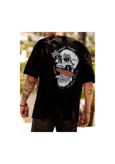 Caddemia Yaz  Rahat Gevşek Artı Boyutu Kişiselleştirilmiş Kafatası Desen Baskılı Siyah 2XL