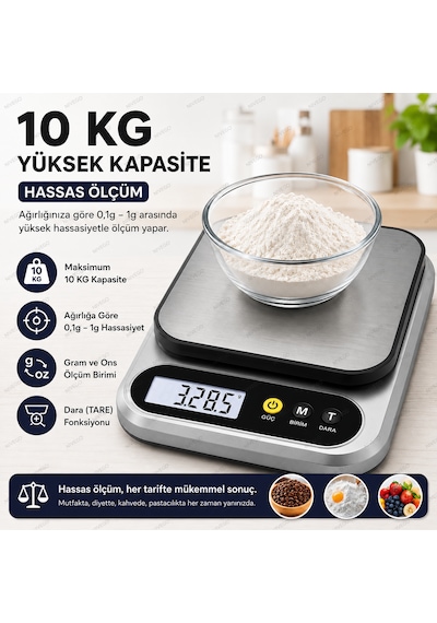 Nvg Dijital Mutfak Terazisi 10 Kg Yüksek Kapasite Hassas Ölçüm Gram Ons Ölçer 0,1g 1g Hassasiyet Tare Dara Fonksiyonlu Gümüş