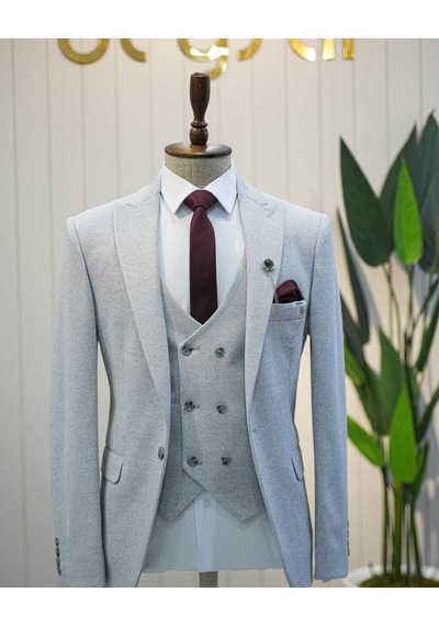 Beystil Sivri Yaka Açık Gri Takım Elbise Elanor - Slim Fit Açık Gri