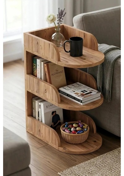 Modern 3 Katlı Kitaplıklı Yan Sehpa Kahverengi