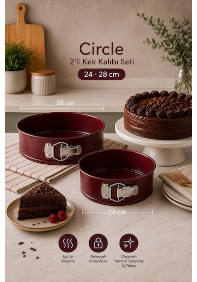 Emsan Circle 2'li Kek Kalıbı Seti Bordo 24-28 Cm
