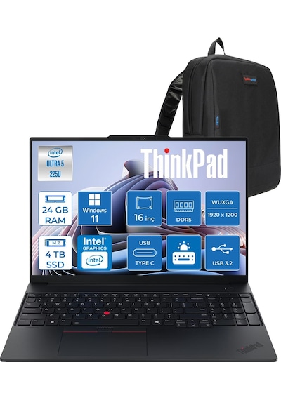 Lenovo ThinkPad E16 Gen 3 21SR006VTXP10 Ultra 5 225U 24 GB 4 TB SSD 16" W11P Dizüstü Bilgisayar + Zetta Çanta