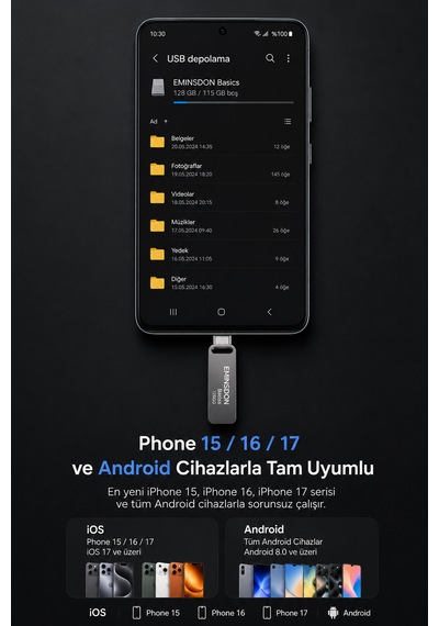 128gb Flash Bellek Android Iphone15 Ve Sonrası Type-c Telefon Bilgisayar Tablet Uyumlu Usb3.0 Usb & Type-c