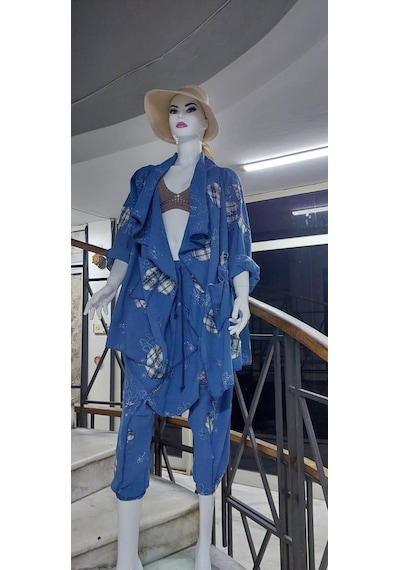 Boho Şalvar Pantolon Asimetrik Ceket Takım Mavi