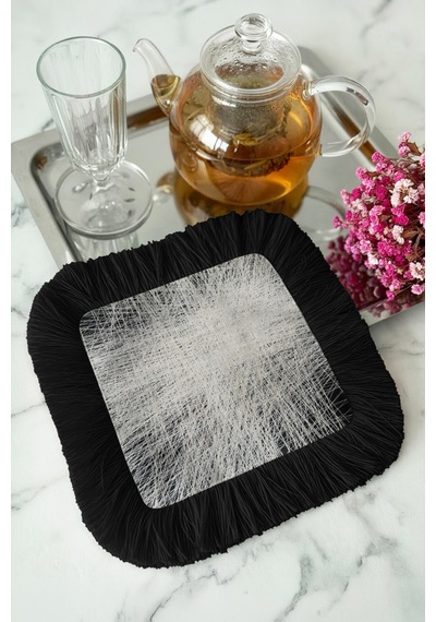 Lüks Modern Art Saçaklı Sunum Peçetesi - Geometrik Minimalist Siyah Gümüş Bardak Altlığı Mendil Çok Renkli