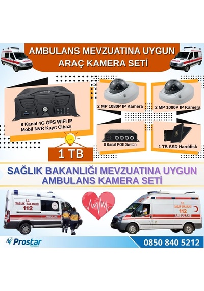 Ambulans Mevzuatına Uygun 1 Tb 2 Kameralı 8 Kanal Mobil Nvr Tak Kullan Set