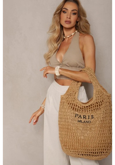 Çift Kalın Askılı Paris Milano Astırlı Fermuarlı İç Cepli Yazlık Tatil Plaj Büyük Boy Hasır Çanta Camel