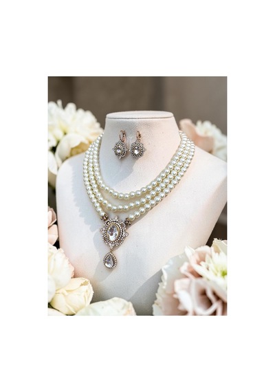 Beyaz Kristal Taşlı İnci Kolye Ve Küpe Seti 72418040