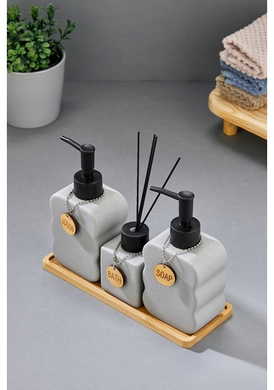 Cooker 3'lü 300 Ml Seramik Bambu Standlı Banyo Seti Ckr3883 Gri