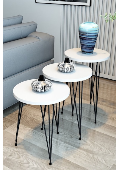 3'lü Zigon Sehpa Yuvarlak Model Zigon Sehpa Metal Tel Ayak Beyaz