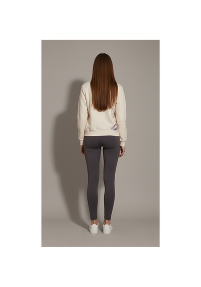 The Kadın %100 Pamuk Baskılı Bisiklet Yaka Sweatshirt 3 İplik Şardonsuz Rahat Kalıp Krem