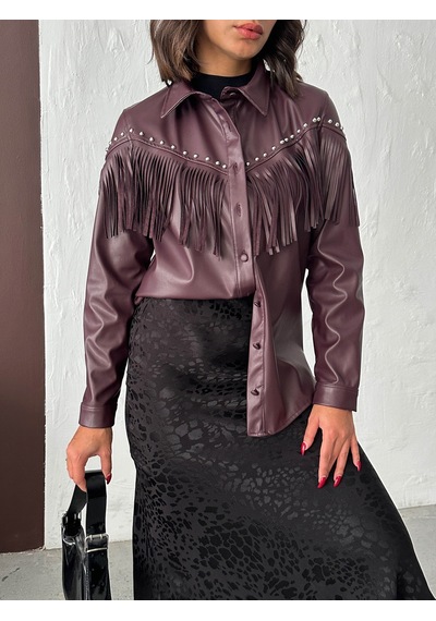 Verymoda Droplu Püsküllü Suni Deri Gömlek - F2043 MÜRDÜM