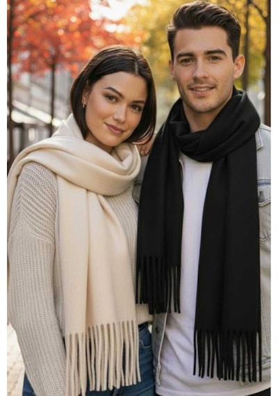 Tezzgelsin Unisex Yumuşak Dokulu Püsküllü Kışlık Buklet Atkı Şal 2'li Set Ekru - Siyah