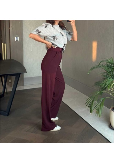 Nevege Butik Kadın Örme Kumaş Full Likralı Beli Cırtlı Palazzo-bordoo Bordo