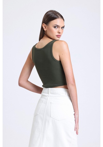 Hiccup Kare Yaka Fitilli Düğmeli Askılı Tank Top Haki Yeşil