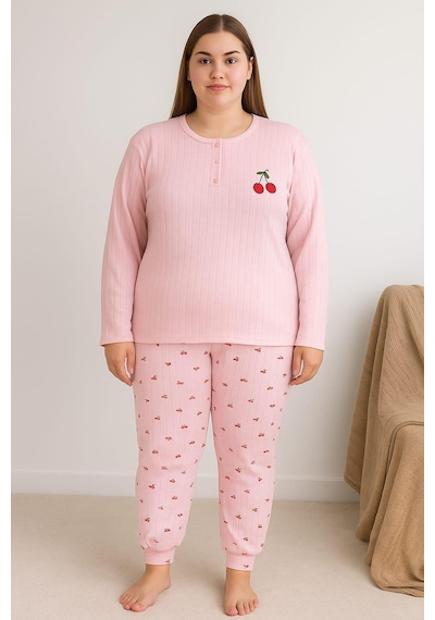 Pemilo Kadın Büyük Beden Raporlu 0249 Pijama Takımı Pembe Pembe
