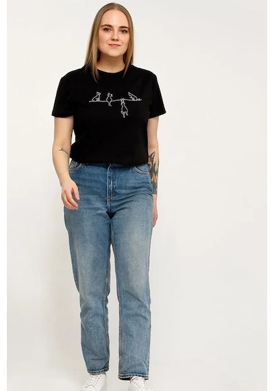 Unisex Kedi Baskılı Oversize Tshirt Siyah