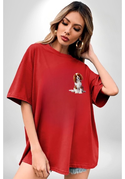 Cavailer King Charles Spaniel Karate Kırmızı Oversize Unisex Ön Ve Sırt Baskılı Tişört Kırmızı