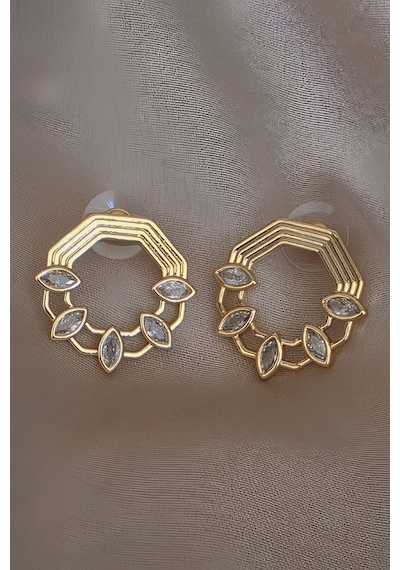 Mirror Damla Çiçek Figür Altıgen Model Çelik Küpe Gold