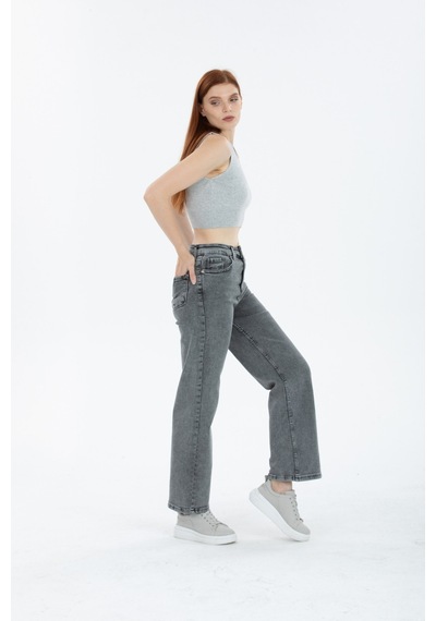 90's Kar Yıkama Kar Gri Likralı Süper Yüksek Bel Wide Leg Salaş Jeans Palazzo Pantolon Gri