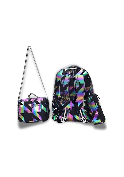 Siyah Neon Geometrik 3'lü Okul Çantası Seti - Şeffaf Bölmeli - Sırt, Beslenme Ve Kalemlik