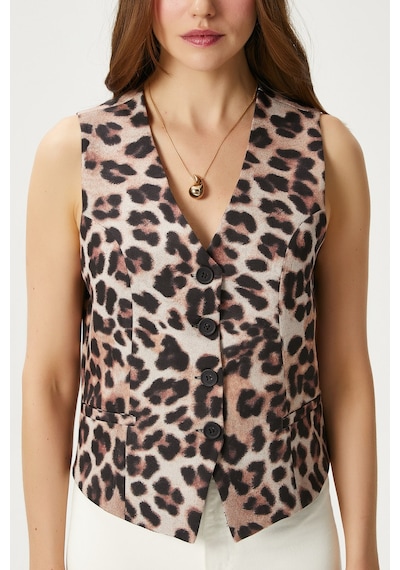 Ritnice Kadın Style Leopar Astarlı Dokuma Yelek Kahverengi - Krem