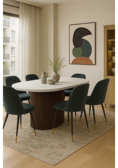 Dolunay 180x90x75cm 36mm Kalın Kenarlı Oval Beyaz Sütunlu Yemek Masası Sadece Masadır Ceviz