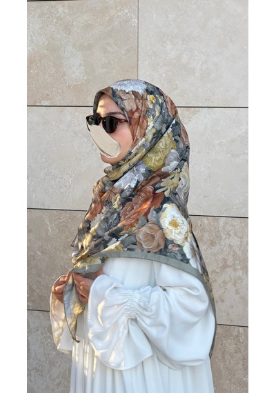 Qalortex Scarf Pamuklu Gonca Desen Eşarp - Küf Yeşil Küf Yeşili