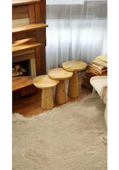 Ahşap 3 Lü Set Naturel Renk Masif Fiskos Sehpa Zigon Takımı Bej