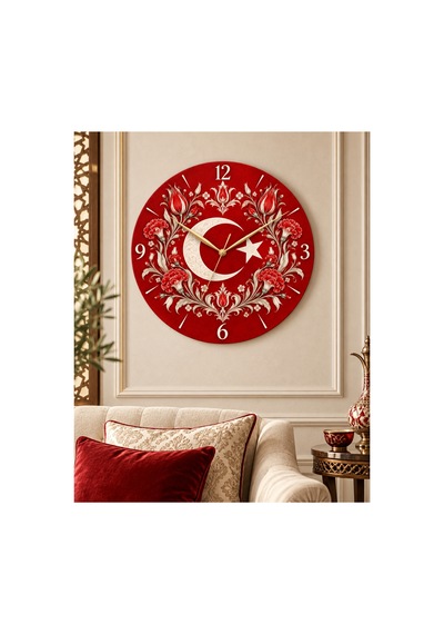 Türk Bayraklı Ay Yıldız Desenli 45 Cm Ahşap Sessiz Akar Mekanizmalı Uv Baskılı Dekoratif Duvar Saati Hediyelik 1078 Çok Renkli