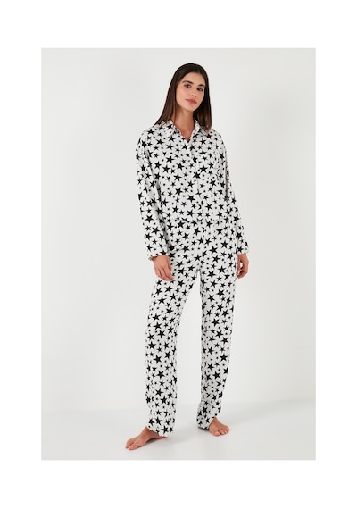 Lela Desenli Rahat Kesim Bol Paça Yazlık Bayan Pijama Takımı 6110014 Beyaz
