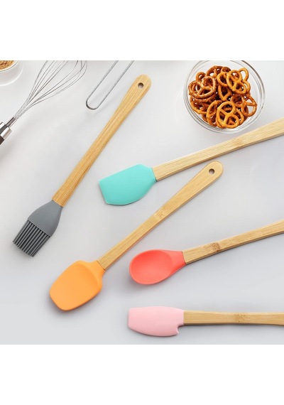 Silikon Spatula Ve Fırça Seti, 5 Parça, Karışık Renkli, Bambu Saplı Çok Renkli