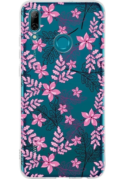 Huawei P Smart 2019 Uyumlu Kapak Floral Pembe Tasarımlı Şeffaf Silikon Kılıf