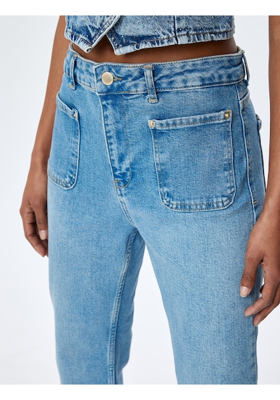 Koton İspanyol Paça Düğmeli Normal Bel Denim Pantolon - Flare Jeans Orta İndigo 5sal40132md Indigo