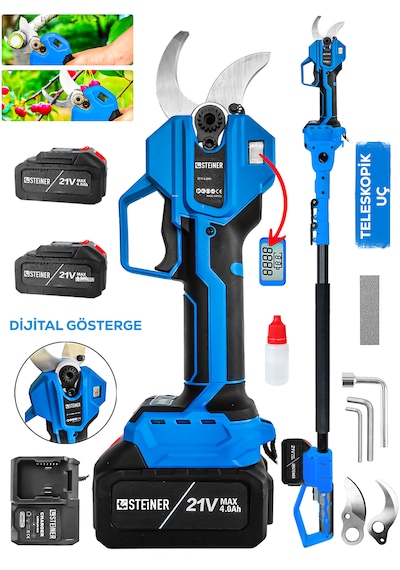 Steiner 30 Mm Dijital Kömürsüz Akülü Bağ Dal Ağaç Kesme Biçme Budama Şarjlı Makası Makinesi + Teleskop M4484