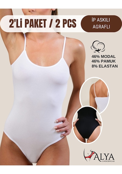 Alya Underwear Kadın Ip Askılı Çıtçıtlı Body, Modal - Pamuk Karışımlı, Kancalı , 2'li Paket, Siyah Beyaz + Siyah