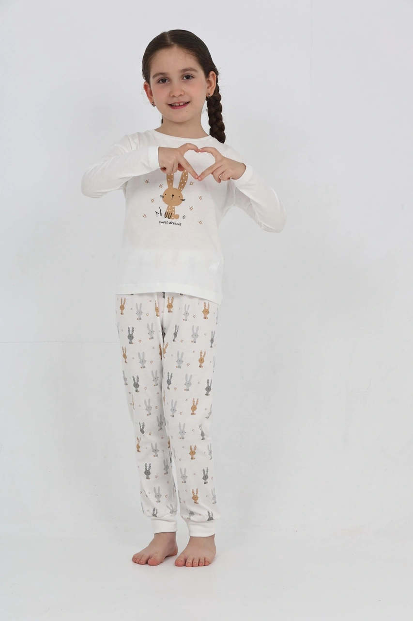Toontoy Kız Çocuk Tavşan Baskılı Pijama Takım Ekru