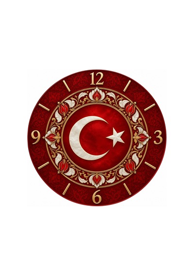 Türk Bayraklı Ay Yıldız Desenli 45 Cm Ahşap Sessiz Akar Mekanizmalı Uv Baskılı Dekoratif Duvar Saati Hediyelik 1076 Çok Renkli