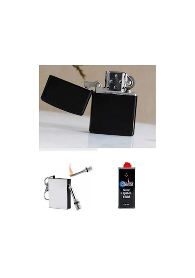 Metal Siyah Çakmak + Metal Kibrit + Çakmak Benzini 125 Ml Süper Set Siyah