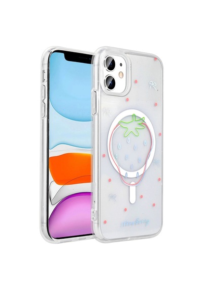 Apple Uyumlu iPad iPhone 11 Kılıf M-safe Şarj Özellikli Şeffaf Zore Folk Sert Kapak Çilek